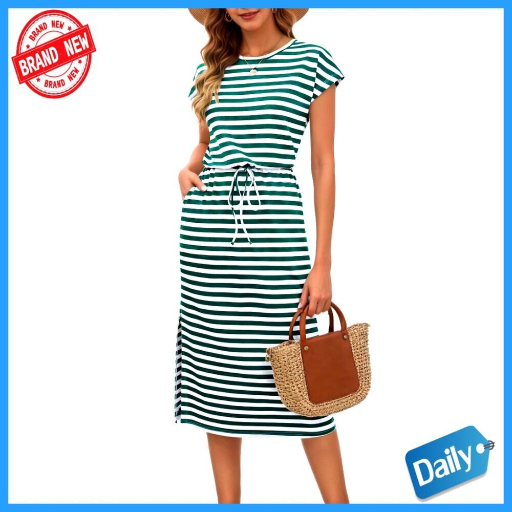 Striped Maxi Dress with Pockets Split Cap Sleeve Summer Casual Boho